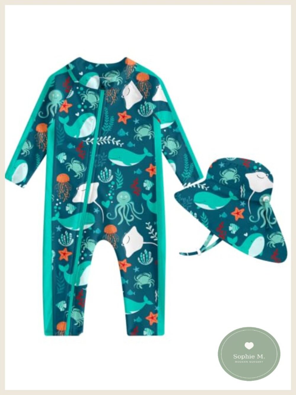 Baby UPF 50+ One Piece Swimsuit with Sun Hat Long Sleeve Rash Guard